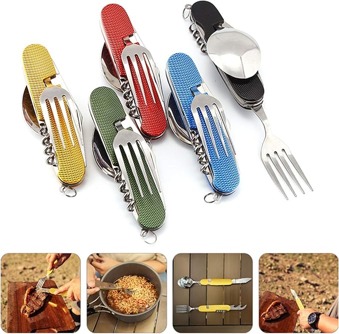 6-in-1 Multi-Function Camping Utensil Flatware Set Detachable Spoon Fork Knife Combo Mess Kit with Carrying Pouch (Black + Gold + Green)