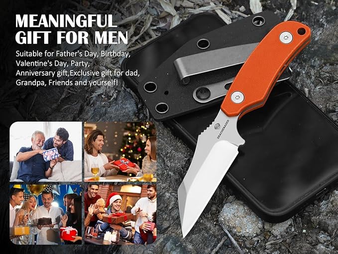 X-WH 5.78" Neck Knife with Kydex Sheath, D2 Steel Blade Silver Fixed Blade Knife with G10 Handle for Men, EDC Horizontal Carry