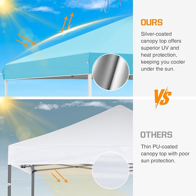 EAGLE PEAK Pop Up Canopy Tent with Wheeled Carry Bag, 8 Stakes, 4 Ropes, 4 Weight Bags, Easy Set Up Tent Canopy, 10x10 ft, 100sqft of Shade, Light Blue