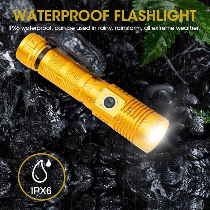 Rechargeable Flashlight High Lumens, High Lumens Super Bright Magnetic Flash Light, 1500 Meter Long-Range Zoomable LED Flashlights for Emergency, Waterproof Flashlight Dimmable, Gold,1PC