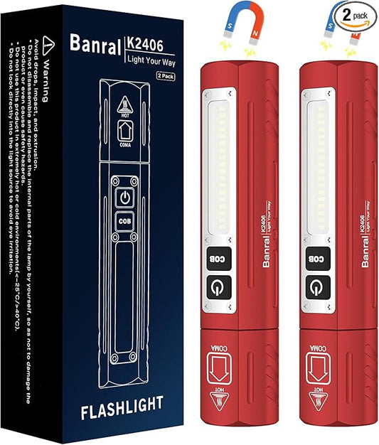 Rechargeable Tactical Flashlights High Lumens - Super Bright Small Powerful LED Magnetic USB C Flashlight, 8 Modes, Dual Button Waterproof Pocket Flash Light for Emergency, Car (2, Red)