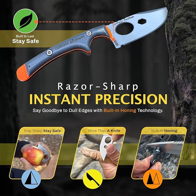 Contour Feather Survival and Culinary Knives ??VG10 Steel Fixed Blade with Fire Starter, Hex Driver, Knife Sharpener, Sheath & Built in Whistle - Built For Camping & Outdoor Adventure