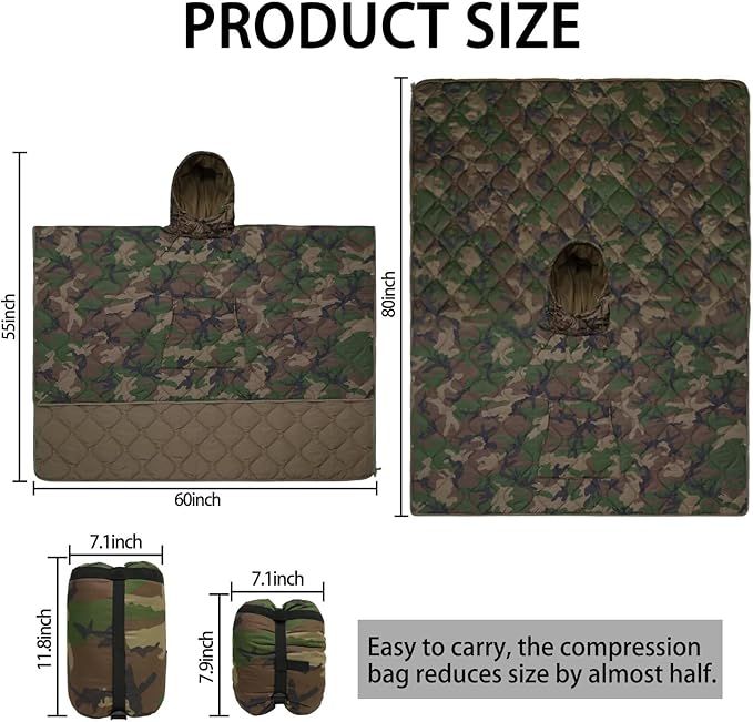 Poncho Liner Hoodie with Pocket Insulated Military Sleeping Bag Waterproof for Outdoor Camping Travel Survival Hunting Car Emergency