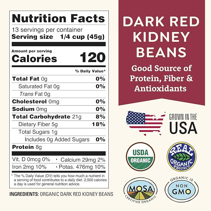 Organic Dried Dark Red Kidney Beans 1 lb - Non-GMO, USDA Organic, Farmed From Regenerative Soil, Tested Clean Certified, Vegan, Rich in Fiber & Protein for Soups, Salads, & Chili - Grown In USA by Doudlah Farms