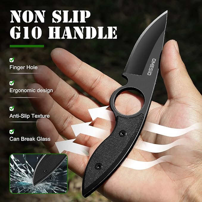 Omesio Small Fixed Blade Knife, Tactical Hunting Camping Knife with Kydex Sheath, Full Tang Stainless Steel Compact EDC Neck G10 Handle with Gift Box for Men (Black)