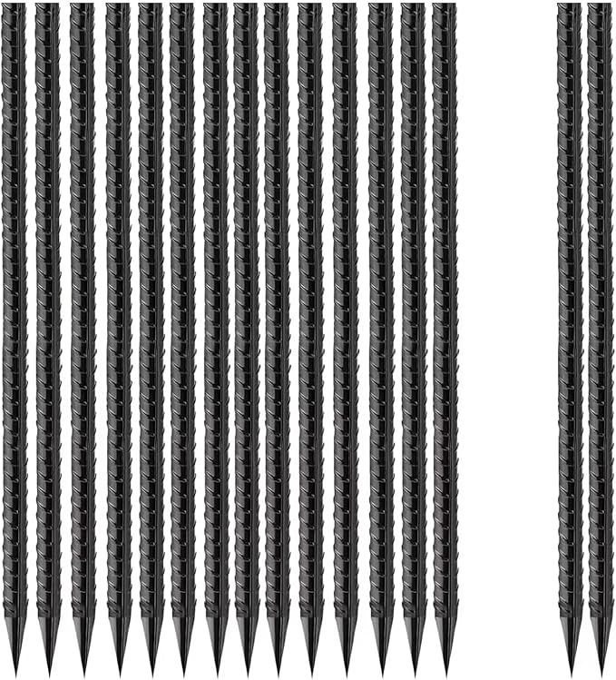 Straight-Rebar-Ground-Stakes 15Inch,Black Coated Straight Ground Anchors with Chisel Point End,Anti-Rust 16Pack Heavy Duty Steel Stakes for Landscape Timbers House Structure Plant Support in Garden