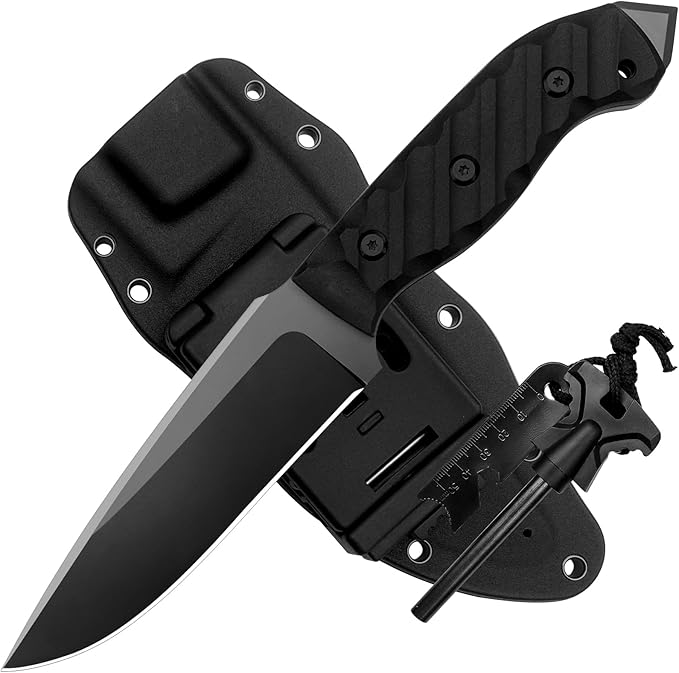 Survival Knife w Kydex Sheath,D2 Fixed Blade Steel,Full Tang Hunting Knife w Non-slip ABS Handle, Glass Breaker, Ideal for Bushcrafting Camping Hunting Fishing Hiking and Other Outdoor Activities