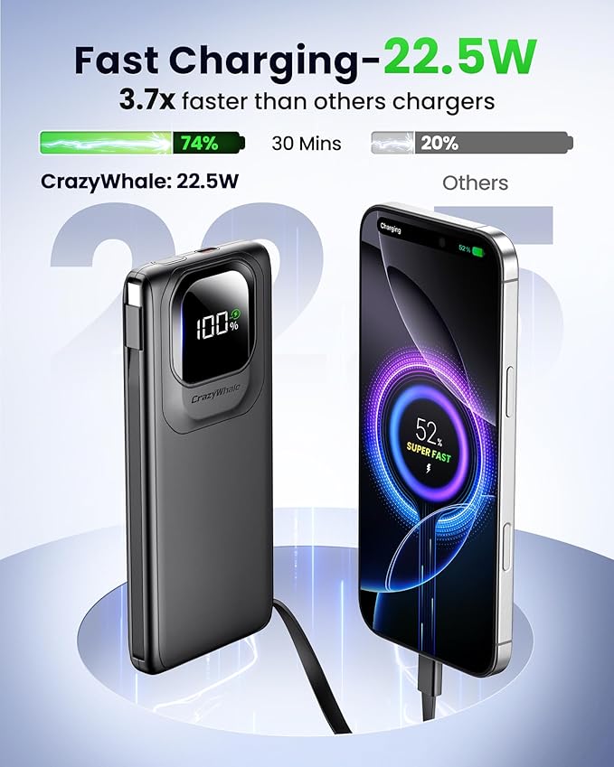 Portable Charger with Built-in Cables,22.5W Super Fast Charging Power Bank Slim Phone Charger,10000mAh Travel Battery Pack Battery Bank with Smart LED Display for iPhone, Android & USB-C Devices