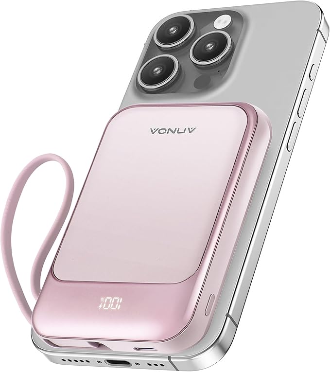 Magnetic Power Bank 10000mAh, Wireless Portable Charger with 15W Max Fast Charging & Built-in USB-C Cable, 22.5W PD LED Display Battery Pack Compatible with iPhone 16/15, Samsung Galaxy(Pink)