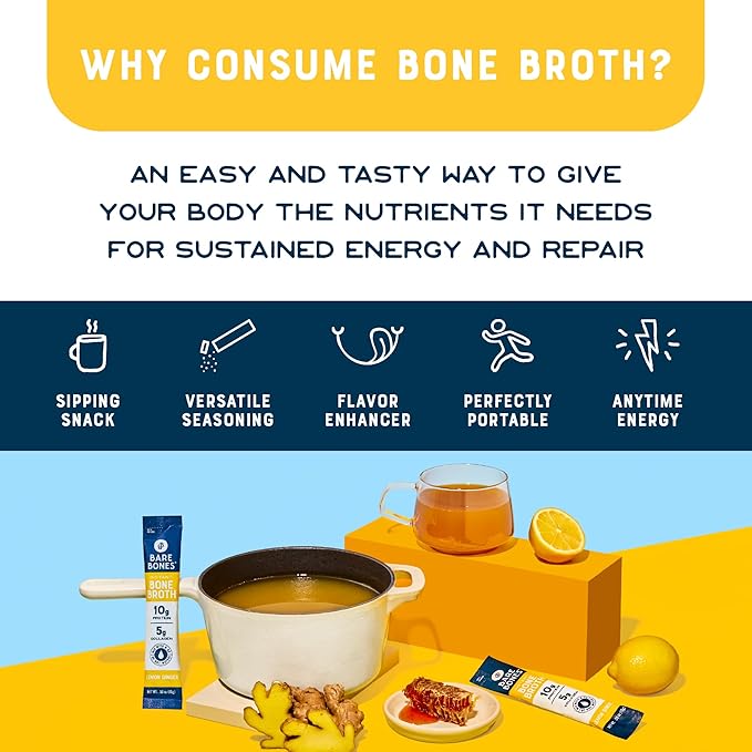 Bare Bones Bone Broth Instant Powdered Mix, Lemon Ginger, Pack of 16, 15g Sticks, 10g Protein, Keto & Paleo Friendly Bone Broth Packets