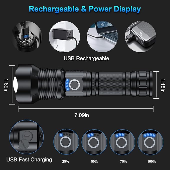 Rechargeable Flashlights 90000 High Lumens - 2 Pack, Super Bright 12 Hours Long Life LED Flashlight with 5 Modes, High Powered Flash Light for Home, Outdoor