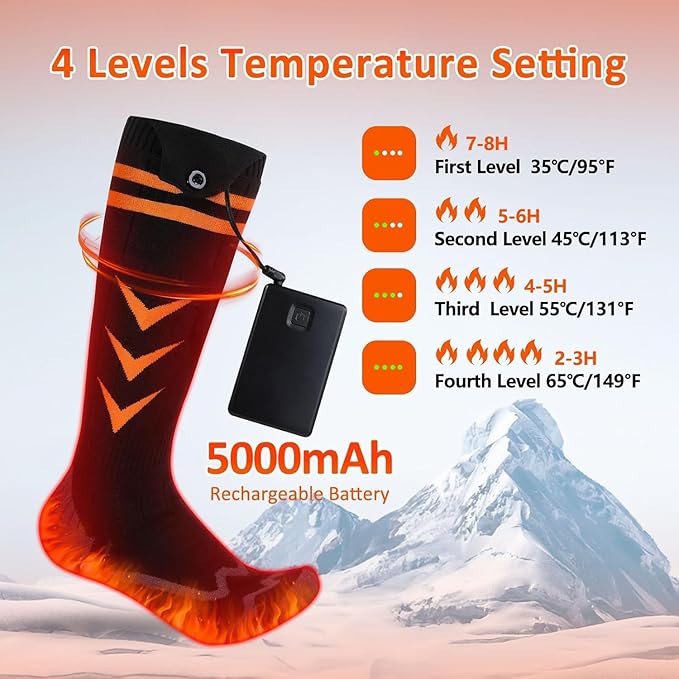 Heated Socks, Rechargeable Electric Heating Socks 5000 mAh with 4 Levels of Temperature Settings & APP Control, Winter Foot Warmer for Men Women Outdoor Skiing, Winter Camping, Hiking
