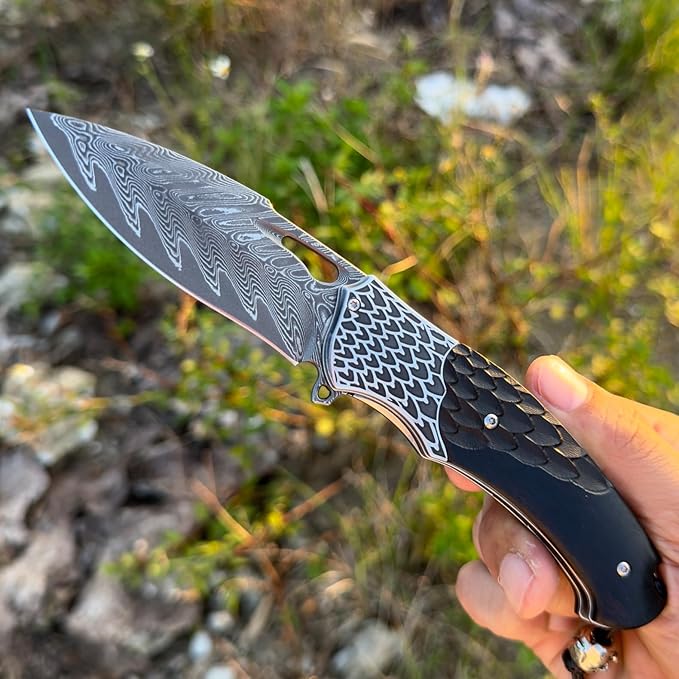 Quality pocket knives for men and women,Damascus Steel Pocket Folding Knife,With leather sheath, Ebony Handle,Engraved feather pattern,Outdoor camping, EDC carrying adventure, Hiking trip, gift