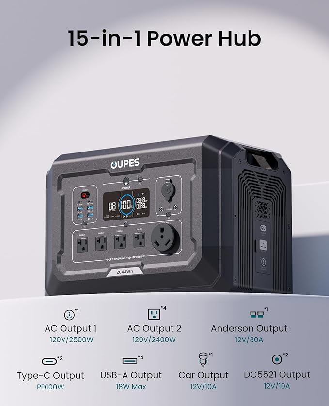 OUPES Mega 2 2500W Solar Generator with 240W Panel Included, 2048Wh Portable Power Station Solar Battery Station Made for Emergency, Home Backup, Outdoor Camping RV/Van