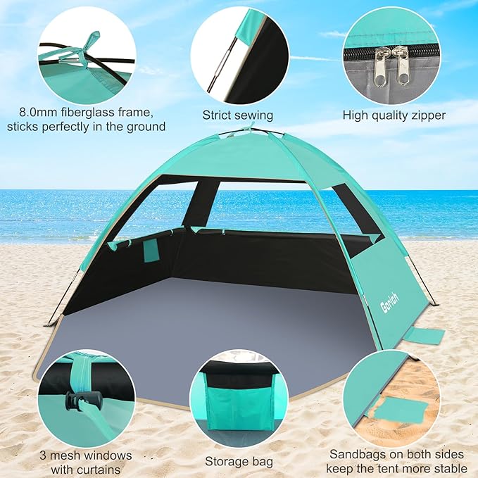 Gorich Beach Tent Sun Shelter for 3/4-5/6-7/8-10 Person with UPF 50ï¼?UV Protection, Lightweight & Easy Setup Beach Shade Canopy, Portable Beach Shade Tent Beach Cabana