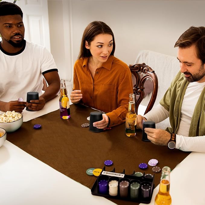 5X Dice Cup Set, PU Leather Dice Shaker Cups with 30 Dices for Bar Party Yahtzee Farkle Dice Games, Coffee (5, Black)