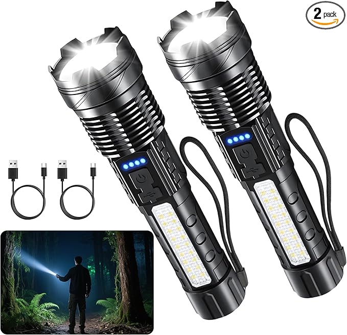 Rechargeable Flashlights High Lumens, 7Modes Flashlight Rechargeable, Super Bright LED Flashlight with Adjustable Tactical Flash Light, Handheld Flashlight for Home, Emergency, Camping, 2 Pack