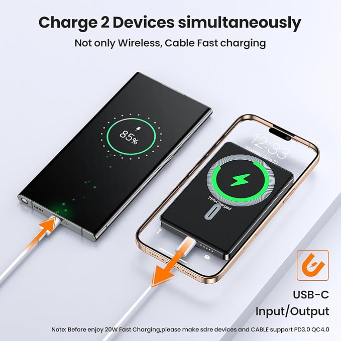 Magnetic Power Bank,Ultra Slim Wireless Portable Charger 10000mAh,20W PD Magnetic Power Bank Fast Charging,USB C in&Out Powerbank for iPhone 16/15/14/13/12 Pro Max