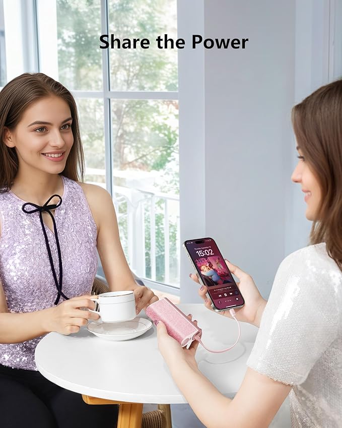 VEGER Compact Portable Charger with Built in Cable(Removable), 10000mAh Cute Power Bank 20W Fast Charging, Sparkling Battery Pack Fashion Travel Accessory Compatible with iPhone 15/14, Android-Pink