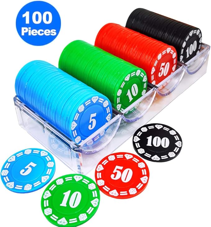 Plastic Poker Chips Set of 100 Pcs with Storage Box,Denomination Printed Casino Style Chip for Texas Home Game Holdem Poker Nights,Blackjack,Roulette Games