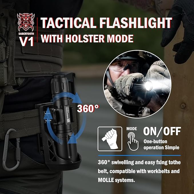 SABERTOOTH Police Tactical Flashlight-2200 High Lumen Duty Belt Flashlight for Law Enforcement Defense Single Mode Flashlight with Holster Tactical Gear Safety Accessories(Black)