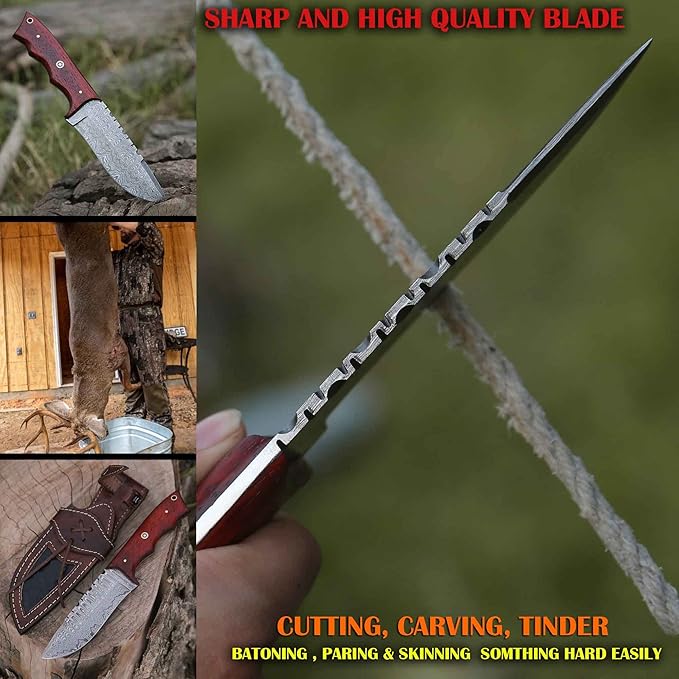 Custom Handmade Damascus Steel Fixed Blade Hunting Knife with Leather Sheath- 10inch Survival Hunting Knives for men- Belt Knife with Horizontal and Vertical carry- Bushcraft knife for Skinning Camping Outdoor