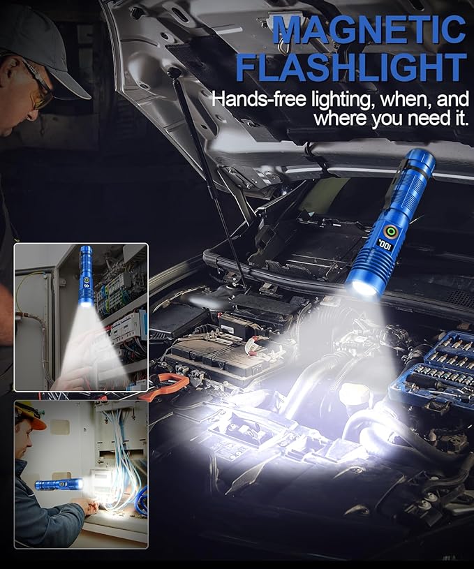 Rechargeable Flashlight High Lumens- Super Bright Magnetic Flash Light with Power Digital Display, Long Range,Dimmable,Waterproof,Pocket Tactical LED Flashlights for Emergency, Blue, 1PC