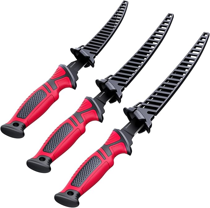 Fillet Knife and Bait Knife Set Performance 5"-6"-7" G4116 German Flex Razor Sharp Stainless-Steel Blade with Sheath for Filleting and Boning, Pro Fishing Gear and Equipment Tools, Cool Fishing Gift for Men (Black-Red)