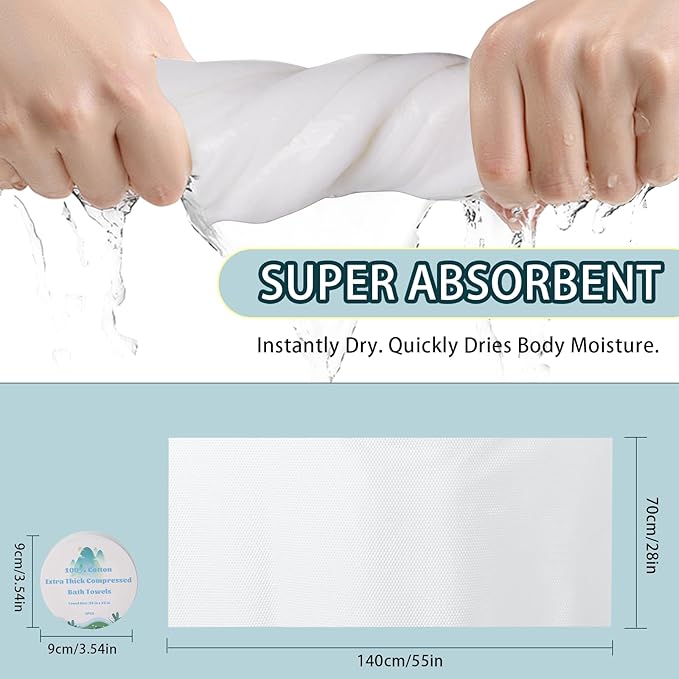 10 Pack Premium-Disposable-Compressed-Bath-Towel-for-Travel, Extra-Thick Large Portable Travel Towels Compressed for Camping Sports Hiking Beach Swimming Vacation, 55"x28"
