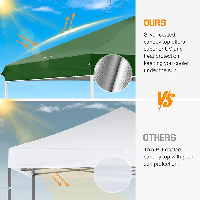 EAGLE PEAK Pop Up Canopy Tent with Wheeled Carry Bag, 8 Stakes, 4 Ropes, 4 Weight Bags, Easy Set Up Tent Canopy, 10x10 ft, 100sqft of Shade, Green