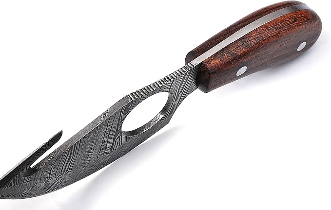 Handmade Damascus Steel Fixed Blade Skinning Hunting Knife With Gut Hook Best For Outdoor Camping Skinner Deer Fishing Hiking Edc Survival Knives For Men (Rose Wood)