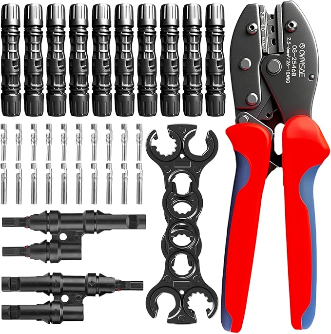 OYMSAE Solar Crimper Tool Kit with Y Connector - 24 PCS Solar Tools for PV MC4 Connectors: 10-14AWG Ratcheting Crimper, 10 Pairs Connectors, 2 Wrenches