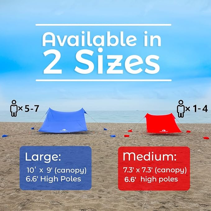 Red Suricata Family Beach Parasol - Sun Shade Canopy | UPF 50 UV Protection | Tent with 4 Aluminium Poles, 4 Pole Anchors, 4 Sandbag Anchors | Large & Portable Shelter Tarp