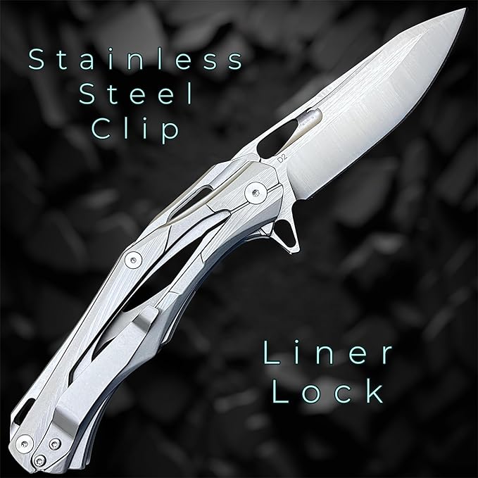 TACTICAL GEARZ Stainless Steel Pocket Knife, Brushed Nickel Stainless Steel Handle, D2 Steel Blade, Includes Sheath (Kronus)