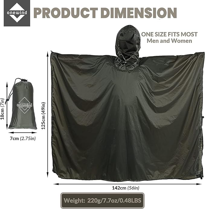 onewind Hooded Rain Poncho, Silnylon Rain Coat Versatile Survival Shelter Waterproof Breathable Lightweight Poncho