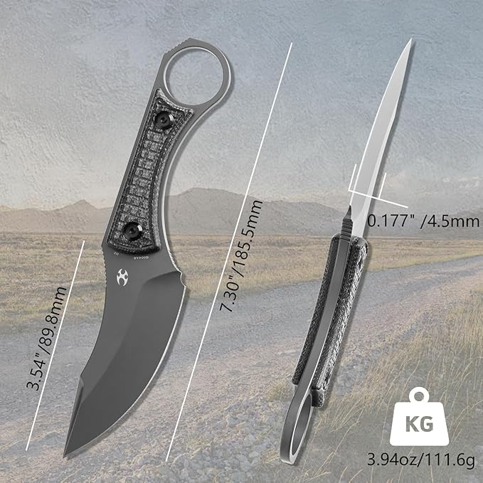 KANSEPT Niko Fixed blade Knife with Sheath, 3.54'' Grey TiCn Coated D2 Blade and Black Micarta with Frag Pattern Handle, Adjustable Kydex Sheath for EDC, Fixed Knifes for Camping Hiking Fishing G004A6
