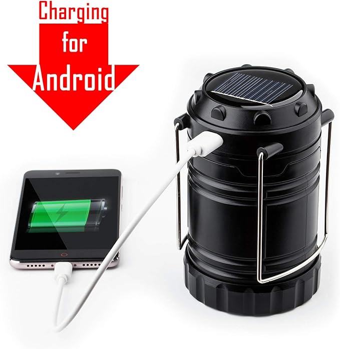 Solar USB Rechargeable COB LED 3 AA Power Camping Lantern with Magnetic Base, Charging for Android, Waterproof Collapsible Emergency LED Light(2 Pack)