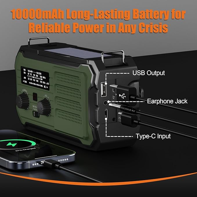 Emergency Radio Hand Crank Solar, 10000mAh/37000mWh Emergency Weather Radio, Hand Crank Solar Radios with NOAA/AM/FM, Rechargeable Headlamp, Thermal Blanket, Survival Bracelet, for Home & Outdoor