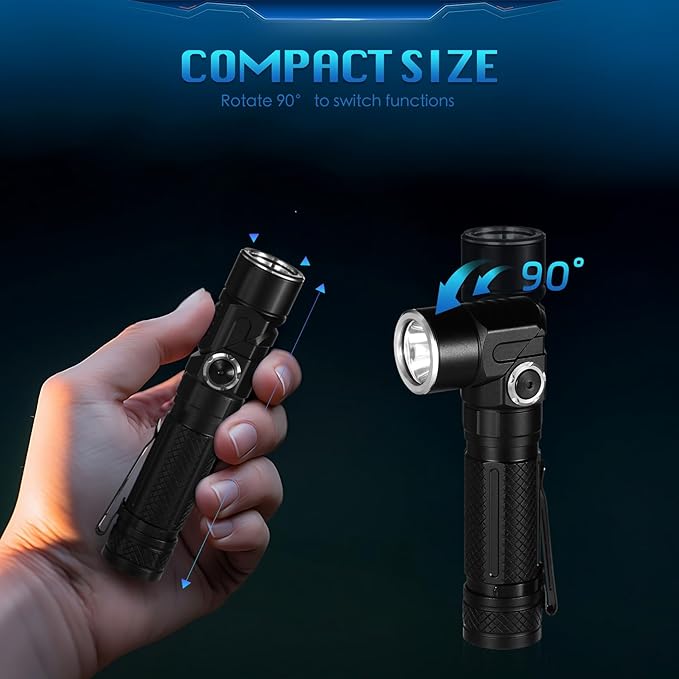 Super Bright 1000 High Lumens Tactical Flashlights,Rechargeable 90 Degree Magnetic LED Flashlight, 6 Modes, IP44 Waterproof for Camping Emergency Repair Outdoor FE10(Black)