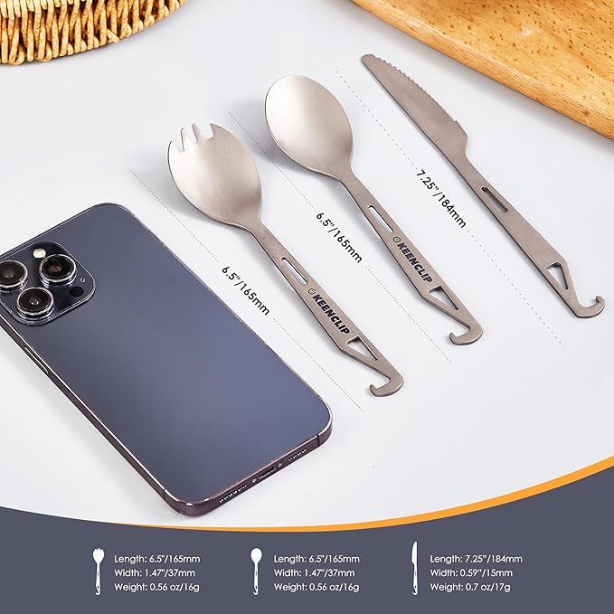 Titanium Knife, Spork and Spoon, 6.46" Long Utility Camping Utensil - Ultralight and Compact for Camping Hiking Backing Traveling and Picnic (Spork)
