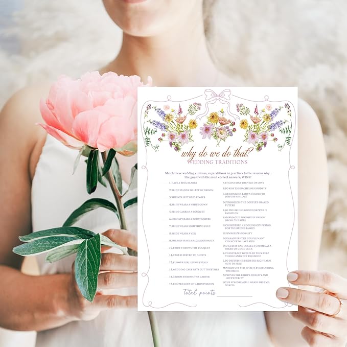 Why Do We Do That? Bridal Shower Games, Wildflower Pink Bow Games Card for Wedding Reception, Bridal Shower, Engagement, Bachelorette Party Activity Decorations (25 Pack) -A02