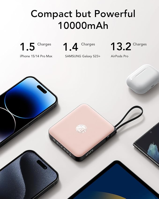 VRURC Mini Portable Charger, 22.5W USB C Fast Charging 10000mAh Pocket Power Bank with Built-in Cable, Battery Pack for iPhone 16 15 14 13 Samsung Galaxy S23 S22 Google Android, Pink(1 Pack)