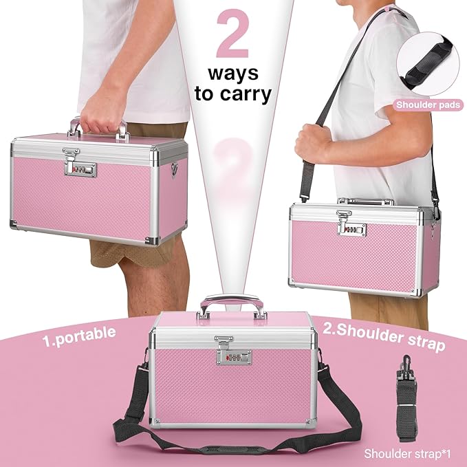 Medicine Lock Box with Combination Lock - 15 x 8.7 x 9.4 Inches - First Aid Safe Medication Storage Box, Personal Items Safe Case for Home and Outdoor - Pink