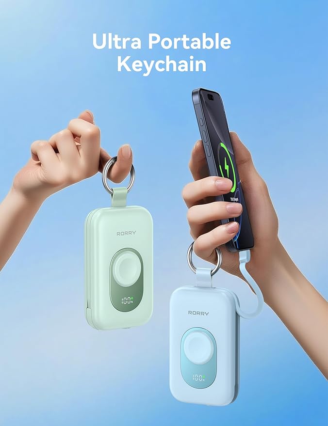 RORRY Portable Charger, 20000mAh PD 30W Portable Charger Power Bank with 2 Built-in Cables, Super Fast Charging Battery Pack with Keychain, Travel Essentials for iPhone, Apple Watch, iPad, Green