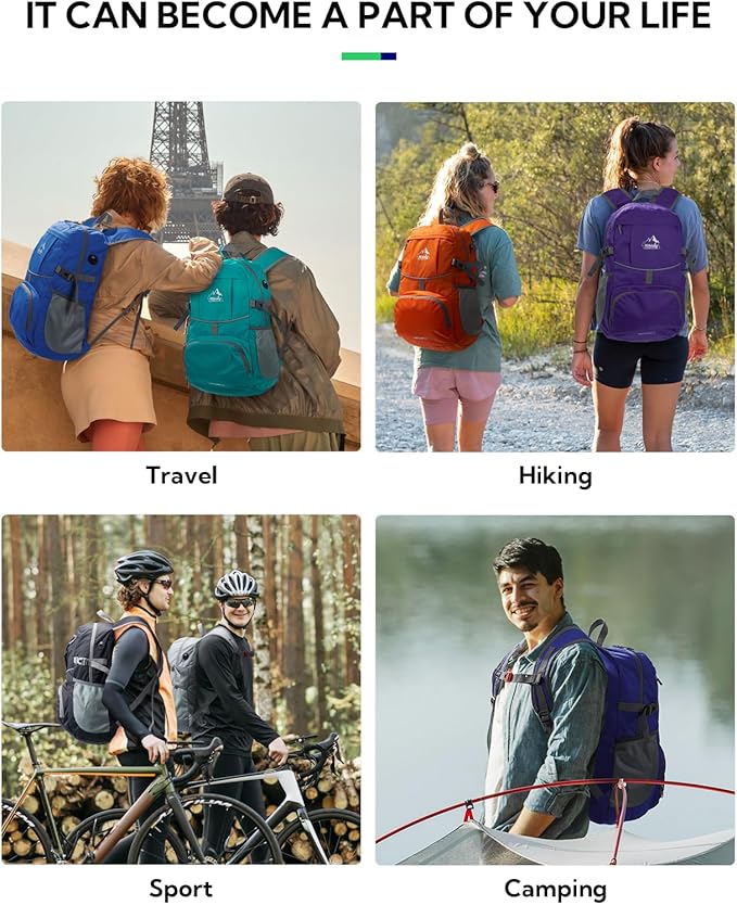 WATERFLY Hiking Foldable Daypack Backpack: 25L Ultra Lightweight Waterproof Day Pack for Woman Man - Small Compact Packable Folding Back Pack for Outdoor Sport Cycling Biking Travel Trip - Blue