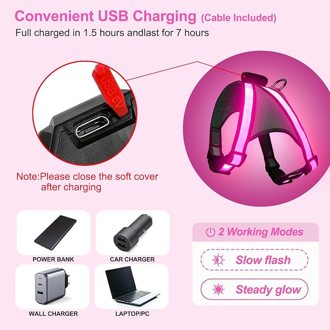 Visinite LED Dog Harness, USB Rechargeable Light Up Dog Vest, 2 Illuminate Modes Glow in The Dark Dog Harness, Adjustable Lighted Pet Harness Light for Night Walking Safety (Pink, S)
