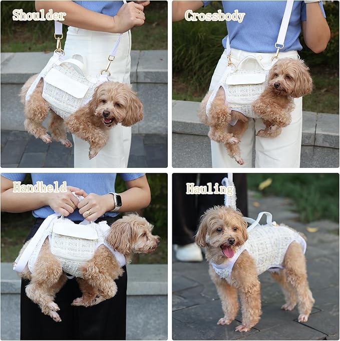 4 in 1 Convertible Dog Lift Harness Backpack, Portable Pet Carrier for Dogs&Cats, Horizontal Design Dog Carrier with Adjustable Back Straps, Dog Harness and Leash Set - White Large