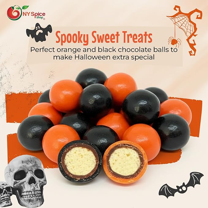 NY Spice Shop Orange & Black Dark Chocolate Malt Balls - 8 Ounce Malted Milk Ball Candy Gifts - Chocolate Malted Milk Balls - Dark Chocolate Malt Ball Snacks