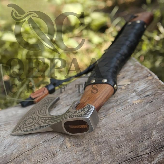 Qepaa Crafts®Russian Valknut Wood Viking Style Bearded Axe Tomahawk - Real Hatchet, Best Gift for Anniversary, Valentine's Day, Birthday,Leather Sheath with Leather Wrap Handle Perfect Hand Grip (SFL)