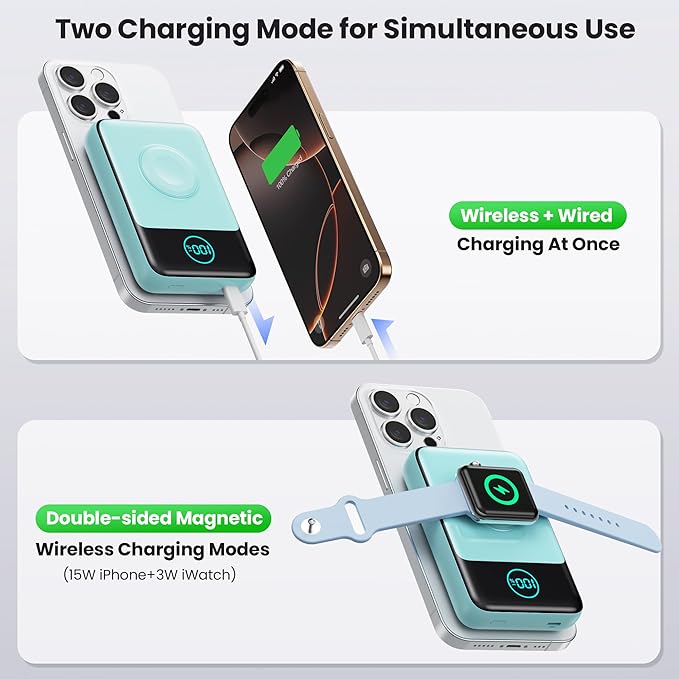 Magnetic Portable Charger for iPhone, 3-in-1 10800mAh Qi2 15W Wireless Power Bank with iWatch Charger,30W PD Fast Charging USB-C LCD Display Battery Pack for Magsafe,iPhone 17/16/15/14/13, Apple Watch